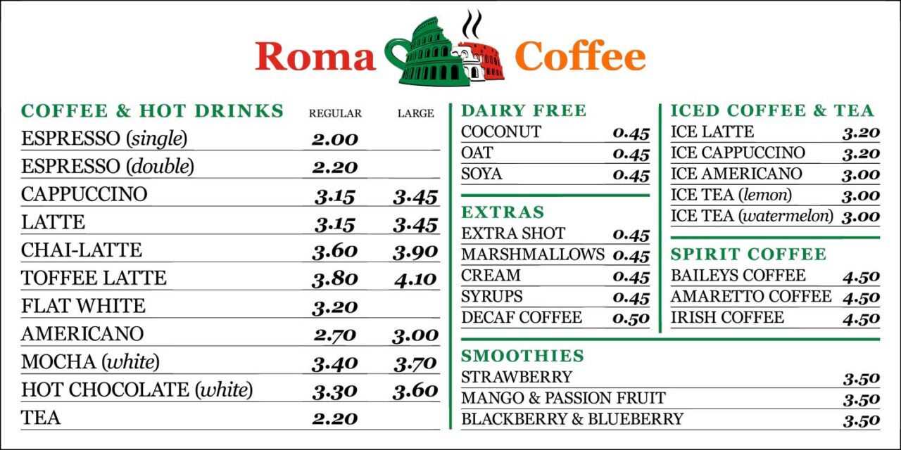 Menu | Roma Coffee | Banbury, Oxford